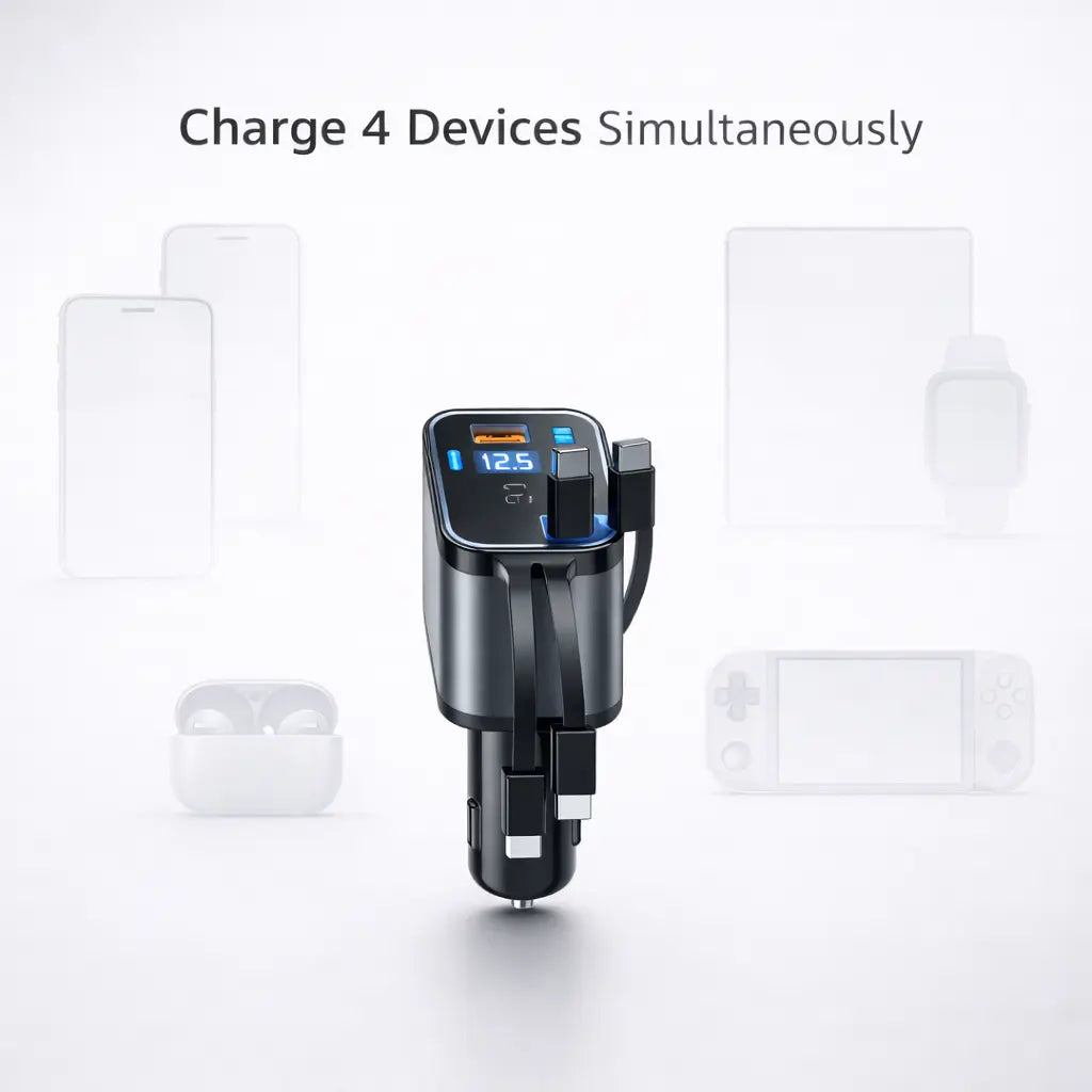 Clenzio 120W Car Charger with Digital Display and Retractable Cable
