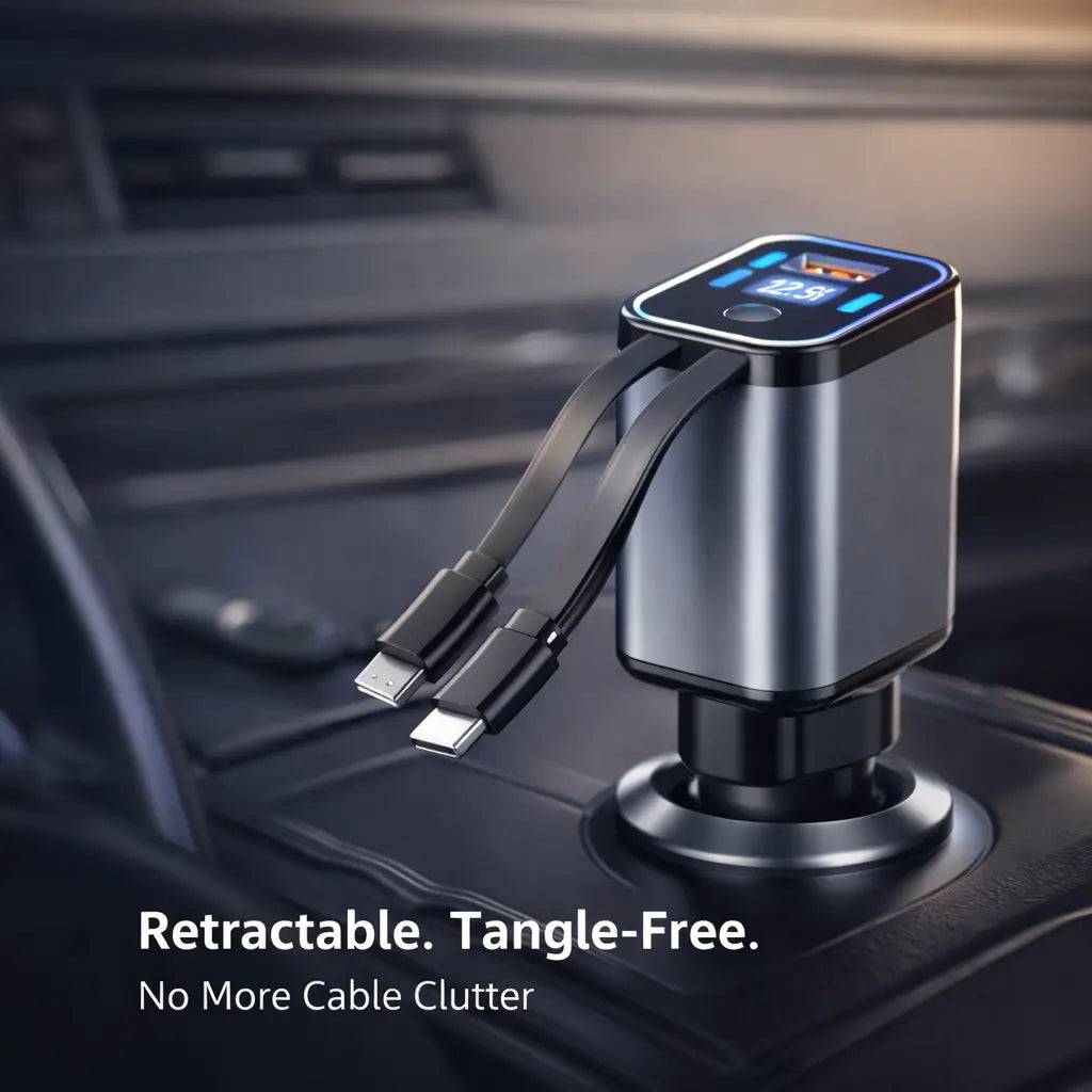 Clenzio 120W Car Charger with Digital Display and Retractable Cable