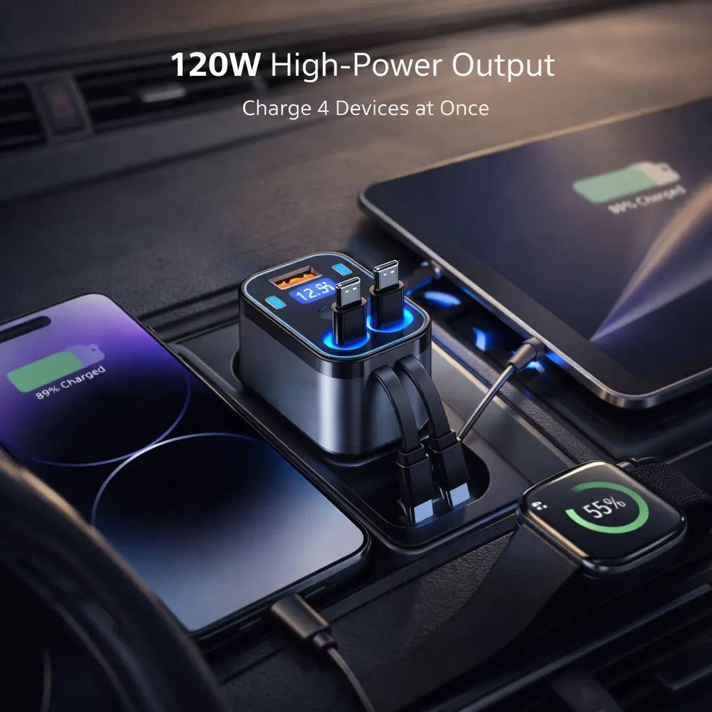 Clenzio 120W Car Charger with Digital Display and Retractable Cable