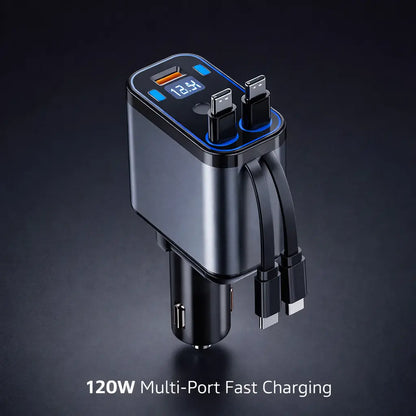 Clenzio 120W Car Charger with Digital Display and Retractable Cable