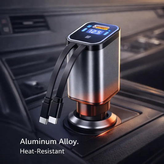 Clenzio 120W Car Charger with Digital Display and Retractable Cable