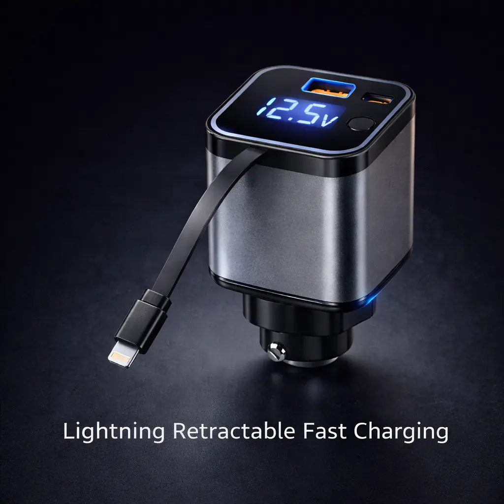 Clenzio 120W Car Charger with Digital Display and Retractable Cable
