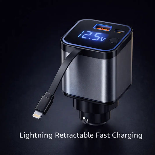 Clenzio 120W Car Charger with Digital Display and Retractable Cable